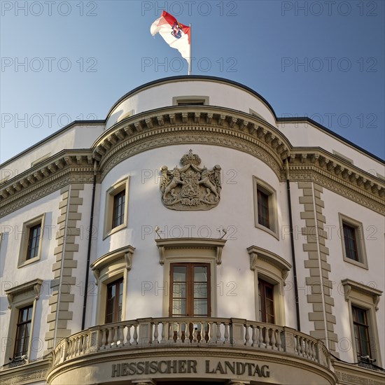 Hessian parliament with state flag in the former Nassau city palace, state capital Wiesbaden,