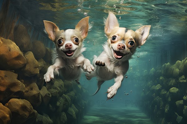 Two Chihuahuas diving in a river, AI Generated