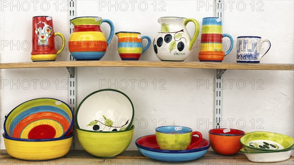 Colourful ceramics, typical tableware in front of a souvenir shop, Óbidos, Portugal, Europe