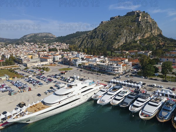 Aerial view, Mediterranean yacht show, harbour, old town and Palamidi fortress, Nafplio, Nauplia,