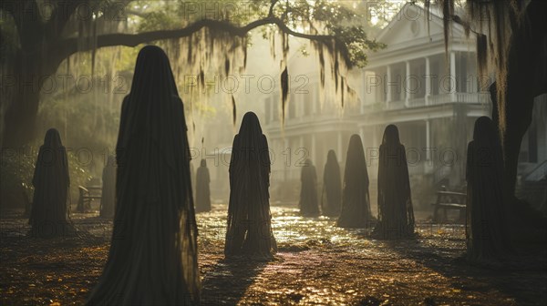 Eerie haunting ghostly silhouetted female figures walking in front of a foggy southern plantation
