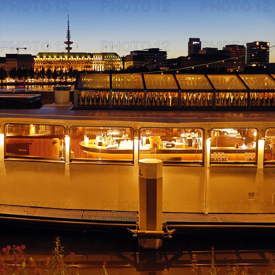 Restaurant ship Bootshaus Alster on the Inner Alster Lake in the evening, Hamburg, Germany, Europe