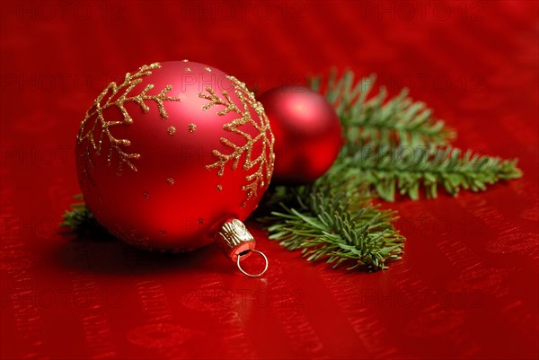 Christmas baubles and fir branch, Christmas decoration, Christmas tree decorations, fir greenery