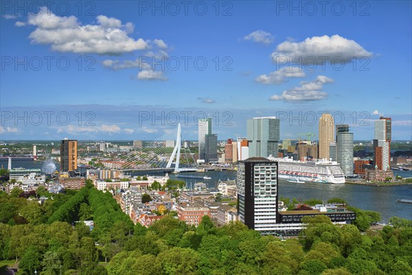 ROTTERDAM, NETHERLANDS, MAY 14, 2017: View of Rotterdam city and the Erasmus bridge Erasmusbrug