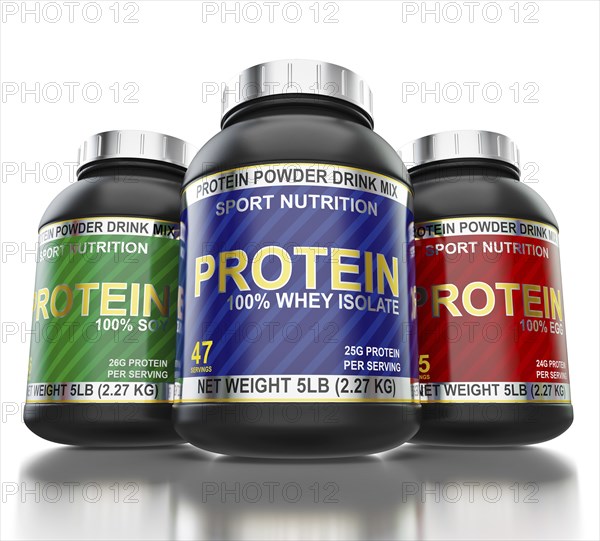 Sport nutrition and bodybuilding fitness supplements concept, whey isolate, soy and egg protein