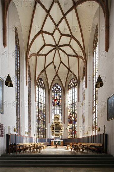 Choir and altar of St. Johannis Church, 15th century Gothic, Evangelical Lutheran parish church,