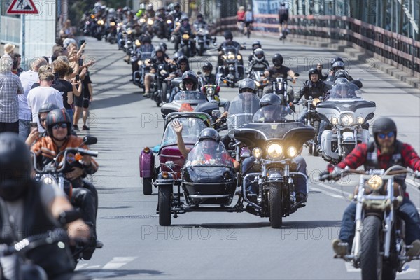 Harley Days Dresden, big ride through the city, here at the Elbe bridge Blaue Wunder