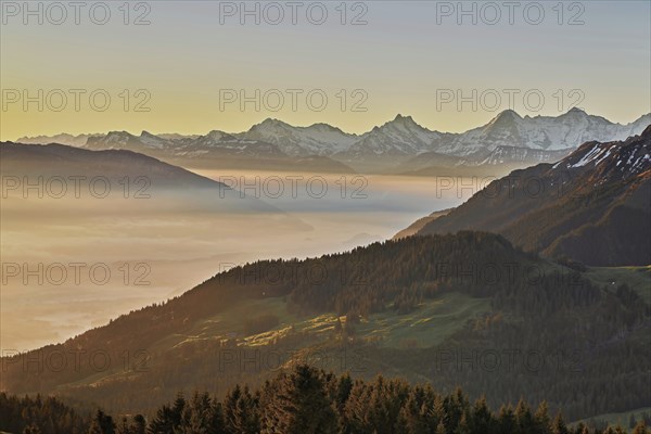 View from the Gurnigel Pass over the sea of fog behind Schreckhorn, Eiger, Mönch, Canton Bern,