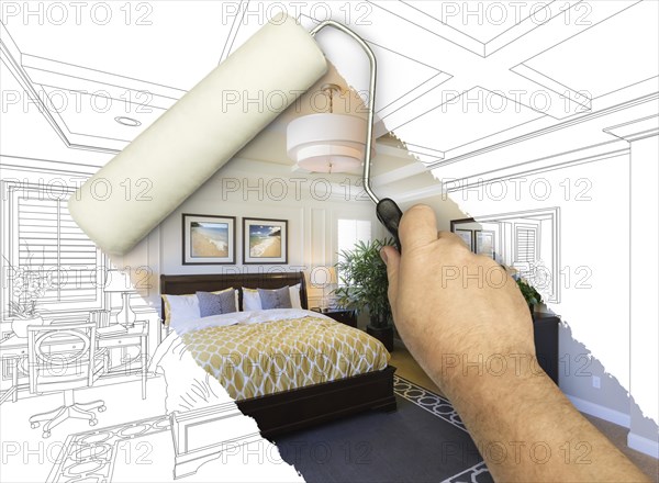Before and after of man painting roller to reveal newly remodeled master bedroom under pencil