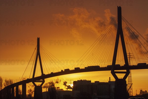 Köhlbrand Bridge, lorry, traffic jam, sunrise, bridge, harbour, Hamburg