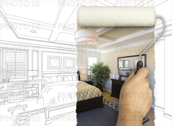 Before and after of man painting roller to reveal newly remodeled master bedroom under pencil