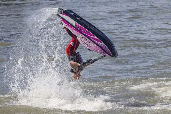 Harbour festival in Stuttgart. Spectacular jet ski and flyboard show on the Neckar. Stuttgart,