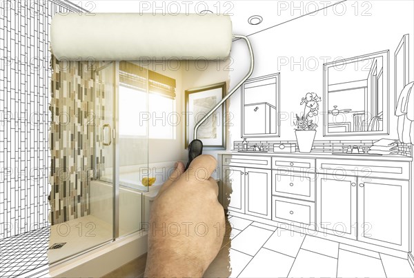 Before and after of man painting roller to reveal newly remodeled master bathroom under pencil