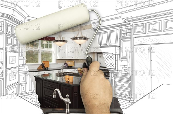 Before and after of man painting roller to reveal custom kitchen photograph under pencil sketch