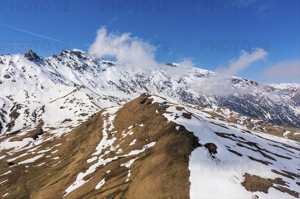 Panoramic view from the Seiser Alm to the Dolomites in Italy, drone shot