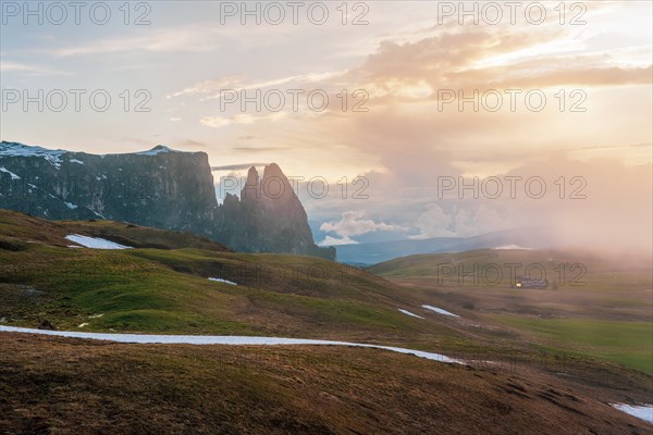 Panoramic view of Mount Sciliar from Alpe di Siusi in the Dolomites in South Tyrol, Italy, Europe