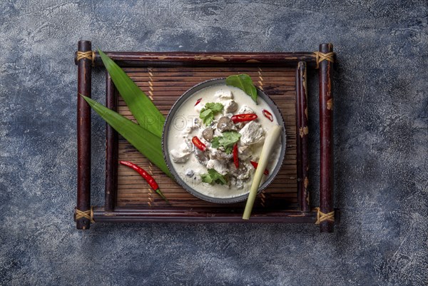 Thai chicken mushroom coconut milk soup TOM KHA GAI in bowl with thai spices