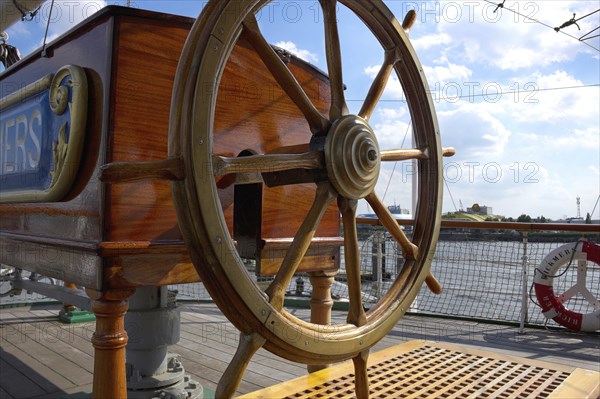 The steering wheel of the historical ship Rickmer Rickmers, which lays in the harbour of Hamburg,