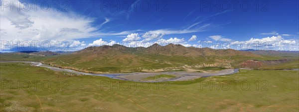 Aerial panorama view of steppe and mountains landscape in Orkhon valley, Mongolia, Asia