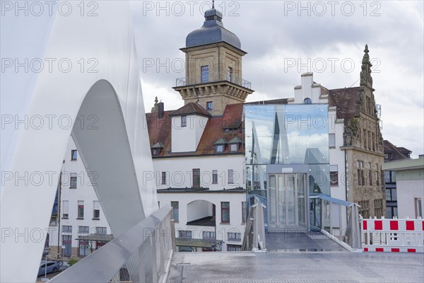View from the station bridge to the lift and the old post office, main station neo-renaissance,
