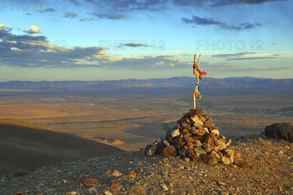 Landscape with sacred pass in Altai mountains at sunset