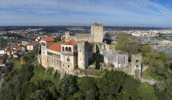 Aerial view on Medieval Templar Knights Castle built on top of a hill, Leiria, Portugal, Europe