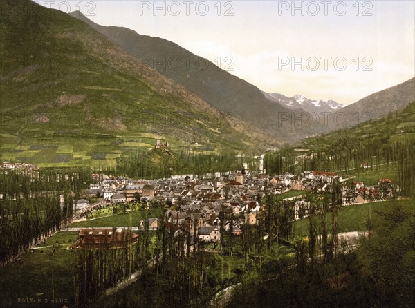 General view, City of Luz, Pyrenees, France, ca 1890, Historical, digitally restored reproduction