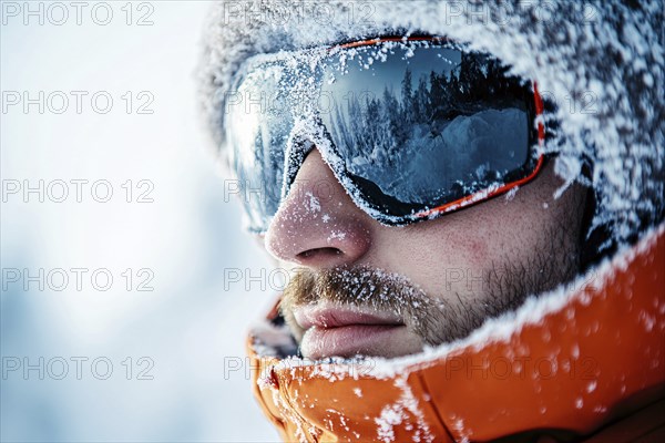 Close up of man's face with large skiing sunglasses and hat in winter. Generative Ai, AI generated