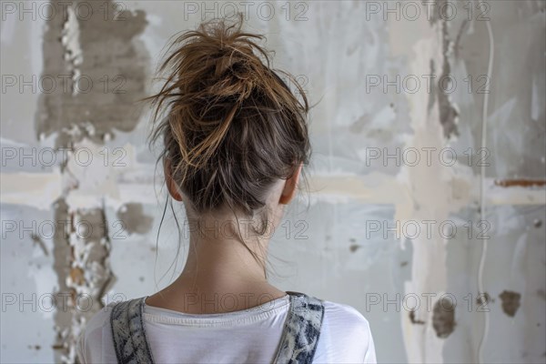 Young woman looking at old run down wall in need of renovation. Generative AI, AI generated