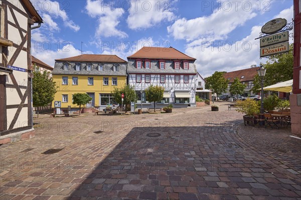 Half-timbered houses on Braunstraße with Lindenplatz in Michelstadt, Odenwald, Odenwaldkreis,