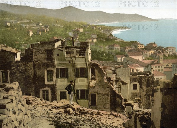 Old Town Panorama, San Remo, Riviera, Italy, c. 1895, Historical, digitally restored reproduction