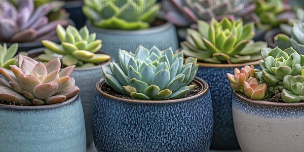 Banner with different small succulent house plants in flower post. Generative AI, AI generated