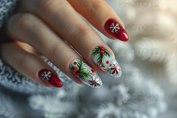 Woman's fingernails with red, green and white colored nail polish with seasonal Christmas design.