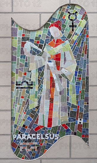 Modern mosaic picture of Paracelsus on the facade of a pharmacy, Bad Kissingen, Lower Franconia