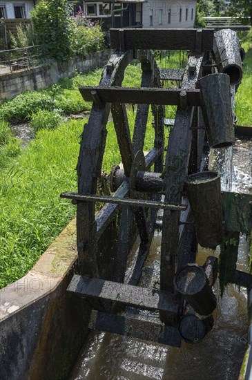 Historic water wheel on the Altach, Zeil am Main, Lower Franconia, Bavaria, Germany, Europe