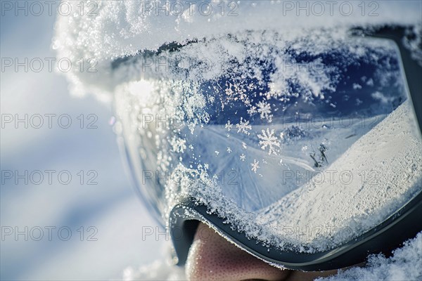 Close up of person's face with large skiing sunglasses with snow in winter. Generative Ai, AI