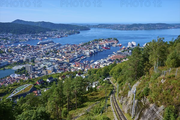 Panoramic view of Bergen with harbour on a clear day, Fløibanen mountain station, Bergen, Vestland,