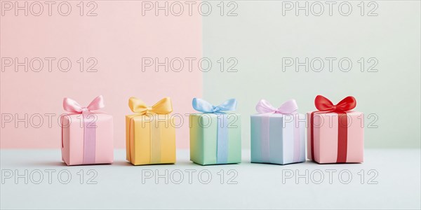 Top view of small gift boxes on pastel pink and green background. Generative Ai, AI generated