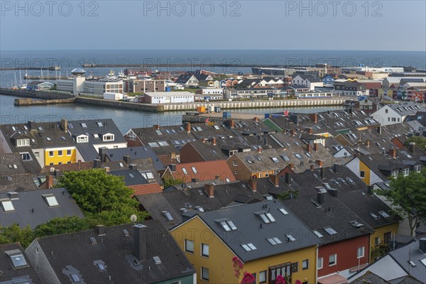 View from the Helgoland uplands over the roofs in the lowlands to the inland roadstead, harbour,