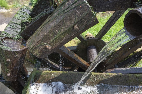 Water pumping wheel on the Altach, close up, Zeil am Main, Lower Franconia, Bavaria, Germany,