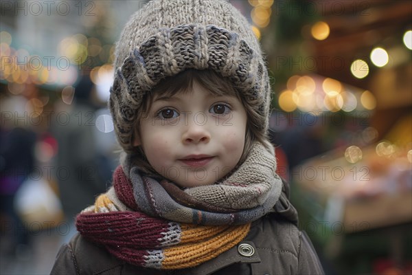 Oung boy child with winter clothes with knitted hat at christmas market. Generative Ai, AI