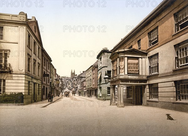 Fore Street, Totnes, England, Historic, digitally restored reproduction from a 19th century