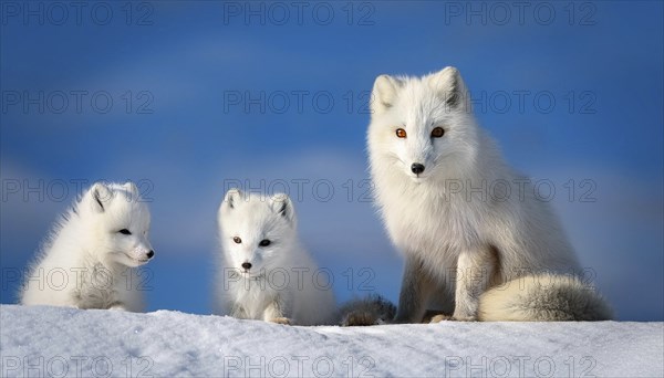 Three arctic foxes in the snow, one fawn and two pups, arctic fox, arctic fox, arctic fox, snow