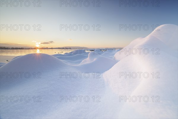 Snow hill on the lake at sunrise in winter, cool and calm colours, Seegarten, Allensbach, Lake