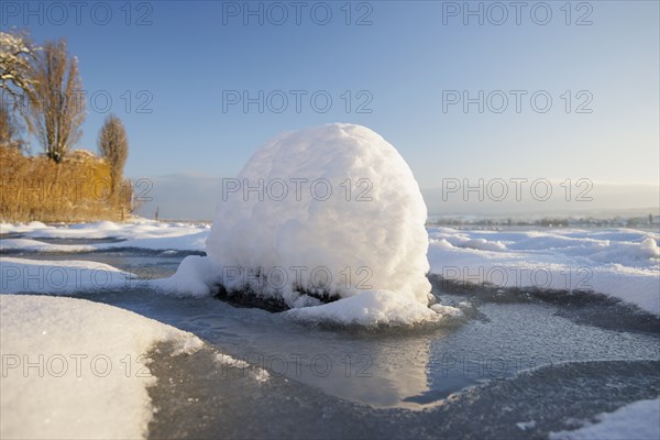 Snow globe on the ice of a frozen lake, Seegarten, Allensbach, Lake Constance, Baden-Württemberg,
