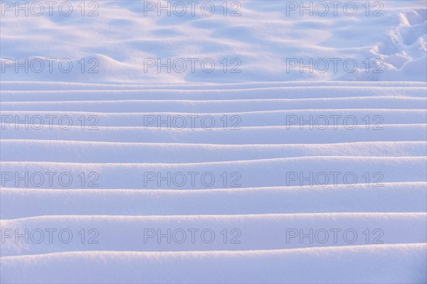 A close-up of snow with undulating steps reminiscent of sand dunes, Seegarten, Allensbach, Lake