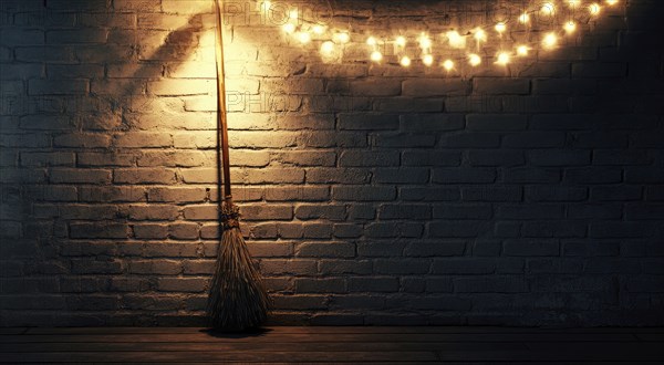A minimalist witch's broom adorned with warm glowing garlands, against a simple brick wall AI