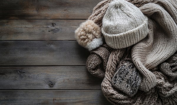 Vibrant knitted hats on a rustic wooden background AI generated