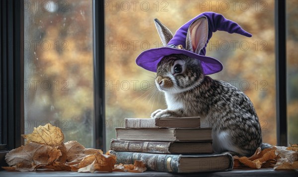 A spotted rabbit wearing a purple hat sitting near a stack of spell books AI generated