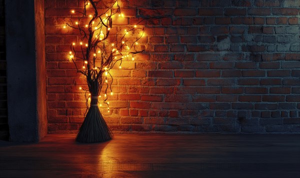 Witch's broom adorned with glowing garlands AI generated